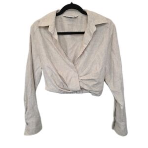 Zara Linen Blend V Neck Crop Collared Blouse Top Size XS Long Sleeve Tan Tie